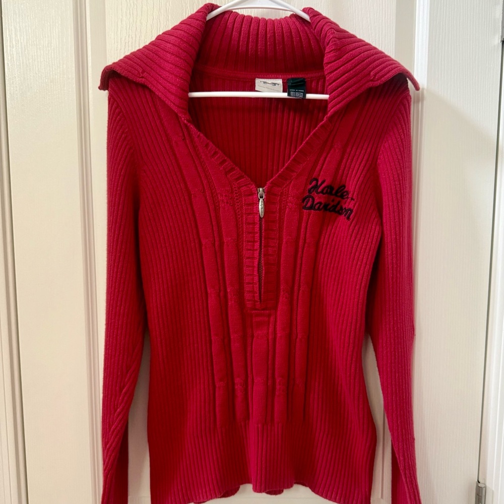 Harley-Davidson Women’s Red Ribbed Sweater Size Large | Zip Neck Logo Pullover